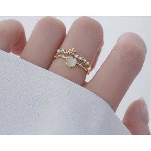 Delicate Jewelry 14K Gold Plated Adjustable Crystal Fish Tail Rings for Women Simple Style Cubic Zircon Opal Heart Rings