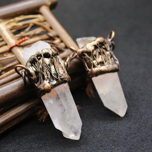 The new strange 1Pc Antique Copper Plated Winding Natural Clear Quartz Crystal Spike Pendant Bohemia Vintage Stone Charms