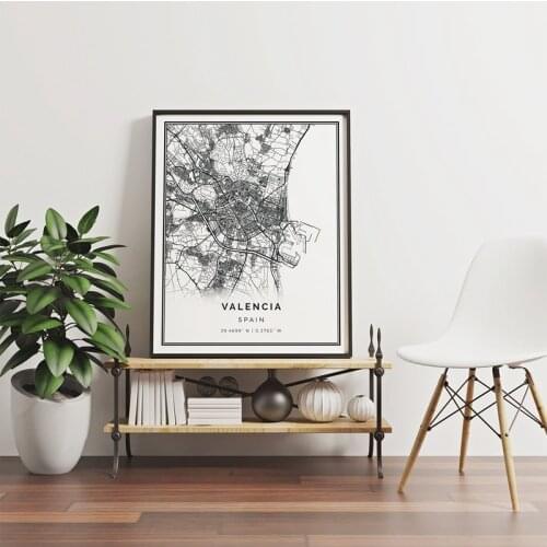 Poster Valencia Map Spain Stil Life Canvas Painting Wall Art Home Decoration for Living Room and Bedroom Frameless Style