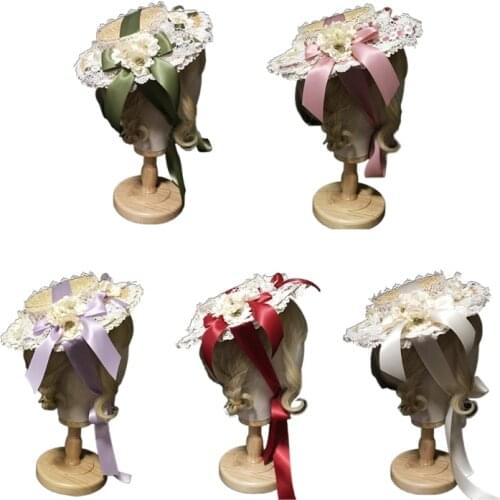 Women Girls Lolita Elegant Tea Party Flat Hat Multilayer Lace Bonnet Artificial Flower Ribbon Bowknot Handmade Straw Beach Cospl