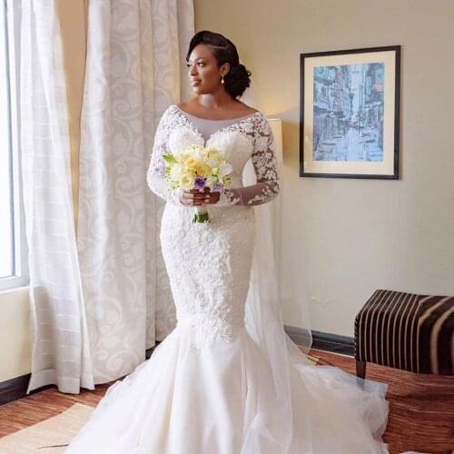Vintage Scoop Neck Mermaid Wedding Dresses With Sleeves Vestidos de noiva 2020 Africa Lace Applique Pearl Bridal Gowns Plus Size