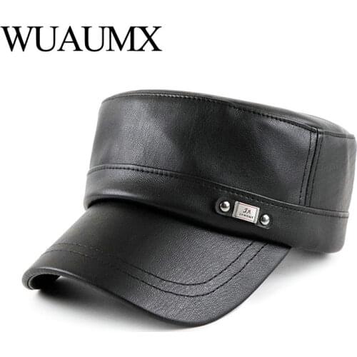 Wuaumx NEW PU Leather Military Hats For Men Flat Top Military Cap Simple Army Cap Solid Black Autumn Winter Dad Hat Faux Leather
