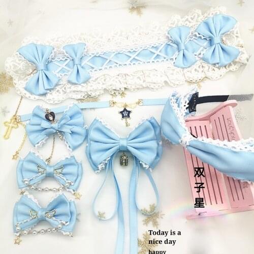 Japanese Soft Girl Light Blue Lolita Kawaii Lace Trim Bow Hair Band Hairpin Headwear Dream Princess Hair Ornament Headband