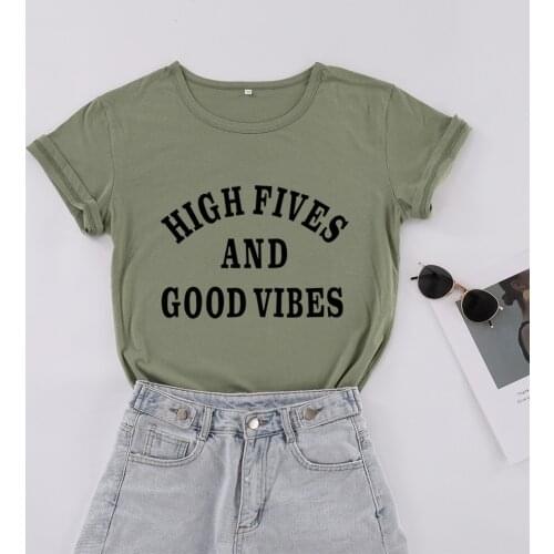 High five and good vibes chirst faith believed blessed tshirts 100% cotton o-neck short sleeve t-shirts cute funny top tee women