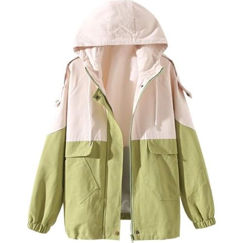 Plus size Windbreaker Coat Women Cotton Loose Tooling Trench Coats Baseball Uniform Women Korean Casual Hooded Overcoats AH21
