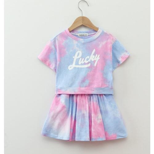Girl suits summer new big girl tie-dye net red short-sleeved T-shirt + skirt hakama 2pcs set for 10 11 12 13 14 15 16 Years Old