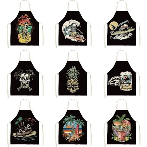 Punk Skull Printing Women Kitchen Aprons Waterproof Cooking oil-proof Cotton Linen Antifouling Chef Apron Cleaning 68*55cm 0153