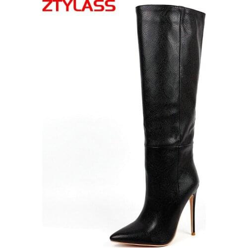 Fashion Super High Heel Knee High Boots Faux Leather Women Boots Spring Autumn Pointed Toe Long Boots Winter Shoes 41 42 43