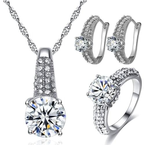 Charm Female White Crystal Jewelry Set Dainty Silver Color Clip Earrings For Women Cute Round Zircon Wedding Chain Necklace Ring