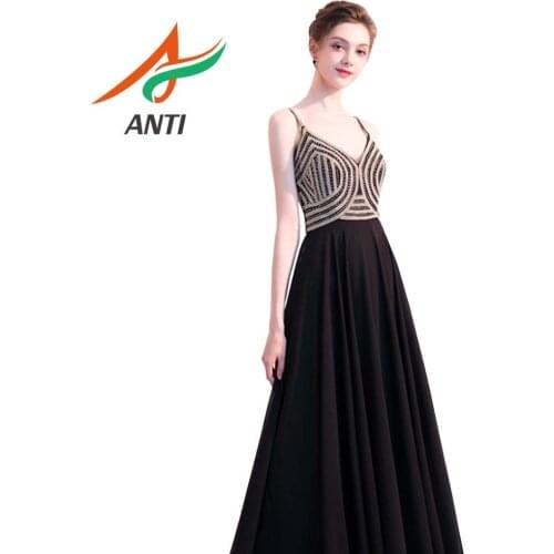 ANTI Sexy Boho Beach Long Beading Evening Dress 2019 V Neck Black A-line Formal Party Gowns vestido de fiesta robe de soiree New