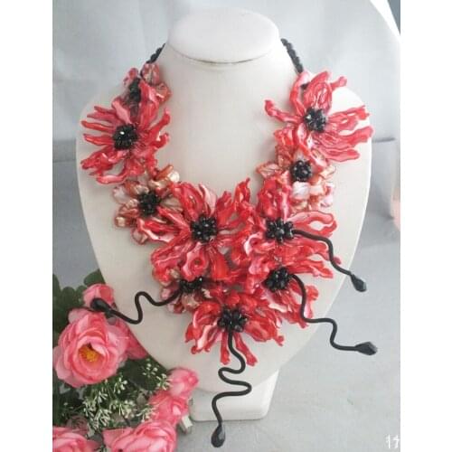 2021new # Wonderful Nigeria wedding African jewelry Red Shell Flower Necklace 20"