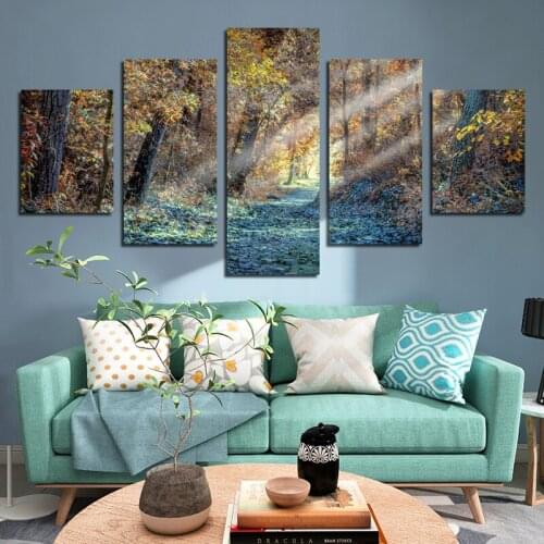 5pcs Autumn Yellow Woods Sun Shining On Gravel Road Scenery Photography HD Printing Modern Living Room Home Decoration Poster