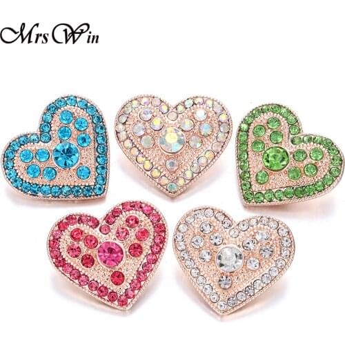 6pcs/lot New Snap Button Jewelry Rose Gold Rhinestone Love Heart 18mm Snap Buttons Fit Snap Bracelet Necklace Button Charms
