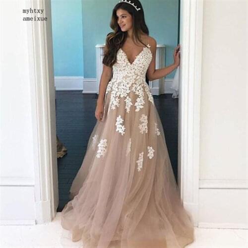 Champagne Spaghetti Straps Lace Appliques Gowns Tulle Cheap Wedding Dresses Plus Size Bridal Dresses Vestido De Noiva 2020