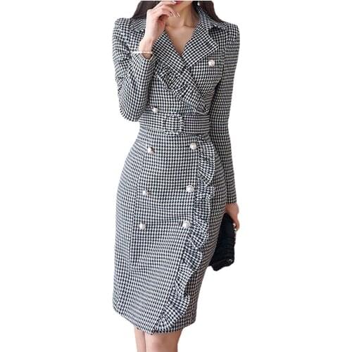 European Style Autumn Women Vintage Button V-neck Party Dress Casual High Waist Plaid Long Sleeve Ol Slim Elegant Dress