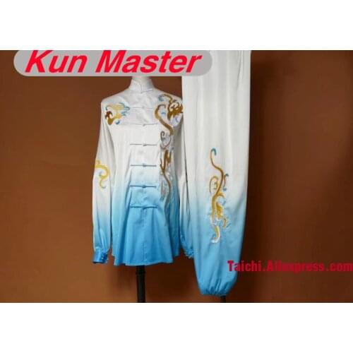 Custom Tai Chi Performance Uniform Clouds Embroidery Martial Art Clothing For Kung Fu White And Blue Gradual Change Color