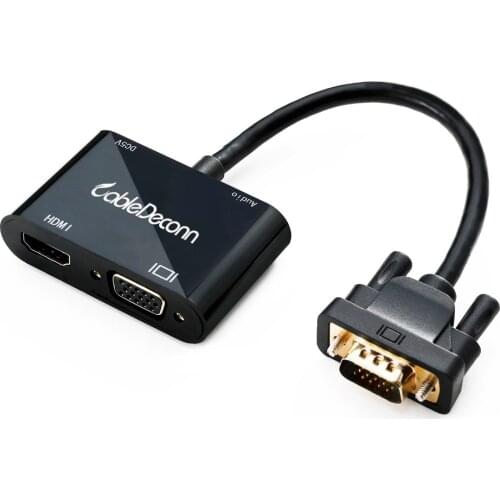 CableDeconn VGA 15 Pin to VGA HDMI 2IN1 Adapter for Desktop Laptop VGA graphics card with Micro USB Power Cable and Audio 3.5mm