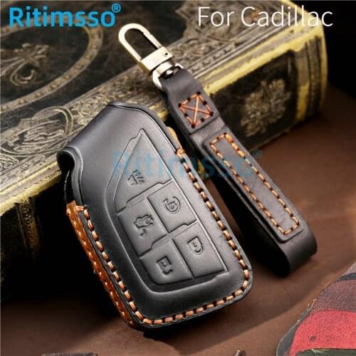 Leather Car Key Case 5 Buttons Smart Remote Control Protector Cover For Cadillac CT4 CT5 CT4-V C8 Corvette 2020 2021 Escalade