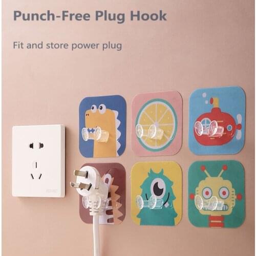 5pcs Punch-free Plug Hook Cartoon Animal Wall Hanging Storage Multi-function Adhesive Power Cord Socket Hanger Home Storage Tool