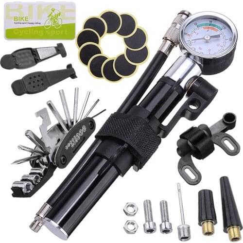 26-in-1 MTB Bike Puncture Tyre Repair Tools Kit Air Pump Multi Disassembly Bicycle Repairing Tire Repair Set W/ Saddle Bag