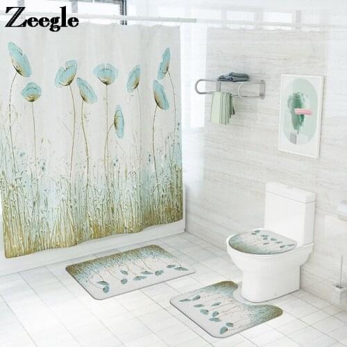 Plant Printed Bathroom Mat Set Home Decor Bath Rug and Shower Curtain Set Anti-slip Shower Room Mat Washroom Foot Pad Toilet Rug