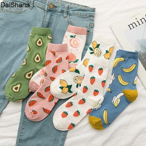 3 Pairs Summer Cartoon Socks Fruit Avocado Banana Watermelon Lemon Strawberry Women Socks Korea Style Crew Fashion Street Socks