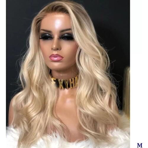 Ombre Blonde Wavy European Remy Human Hair Wigs Dark Root Blonde 13X6 Lace Front Wigs Middle Part for Women Transparent Lace