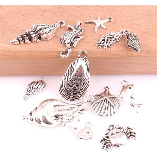 12pcs Vintage Metal Mix Size Style Marine Shell Conch Octopus Crab Fish Charms for Jewelry Making DIY Handmade Craft Pendant