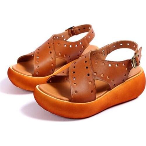 2020 Newest Summer Classic Retro Hollow Genuine Leather Sandals Fashion Casual Thick Bottom Non-slip Wedge Sandals Women Sandals