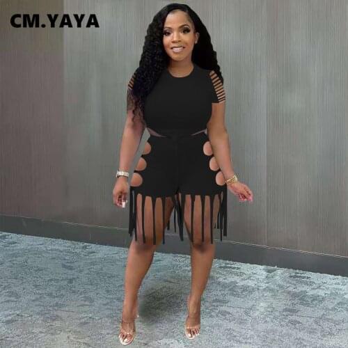 CM.YAYA Women Set Solid Short Sleeve O-neck Crop Tops Hole Tassel Shorts Two 2 Piece Sets Active Tracksuit Casual Outfit Summer