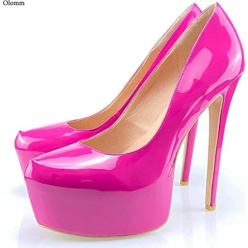 Olomm Hot Women Spring Pumps Patent Sexy Stiletto High Heels Round Toe Gorgeous Fuchsia Party Shoes Women US Plus Size 5-20