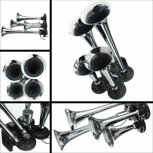 Universal 150.2db Silver Chrome Plated Zinc Alloy 4-Trumpet Train Air Horn Kit Universal Fit for Vehicle Use Air Brake