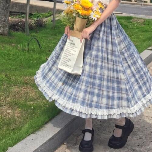Summer Japanese Lolita Style Women Skirt High Waist Blue Plaid Buttons Skirt Elegant Ruffles Cute Kawaii Midi Preppy Skirts