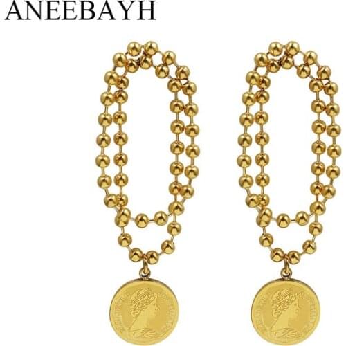 Vintage Stainless Steel Portrait Disc Beads Chain Pendant Asymmetric Earrings For Women 2021 Trend Unusual Earrings Jewelry