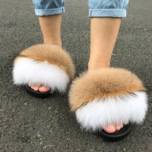 High Quality Fluffy Fur Slippers Furry Raccoon Fur Soft Sandals Summer Women Slippers Natural Color Fur Slides Plush Flip Flops