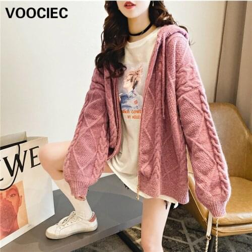 VOOCIEC Woman sweaters Autumn winter Thick Hooded Sweater Cardigan loose fit Lazy style Fashion sweater coat plus size cardigans