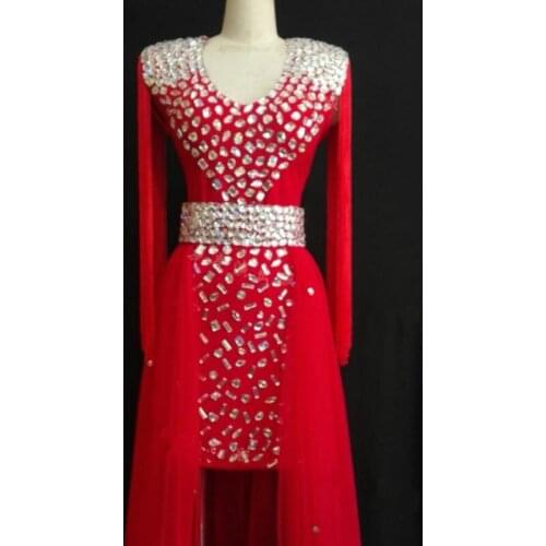 Female Crystal Costume Diamond Tassel Tailing One Piece Dress Prom Party Singer Host Stage Performance Outfits Bar Show 5 Colors