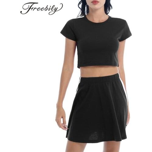 2021 Summer Womens Casual Sport Suit Dance Costumes Solid Color Cropped Top and Mini Skirt Set Running Gym Yoga Fitness Outfits