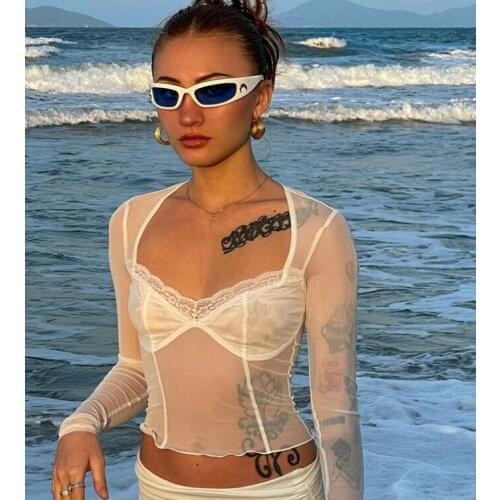 Female Long Sleeve Square Neck Sexy Casual Solid Color Slim Tops Ladies Sexy Sheer Mesh T-Shirt See-Through Blouse for Summer