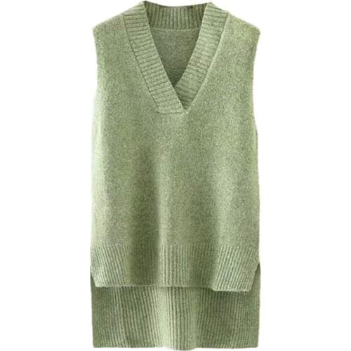 Aonibeier 2021 Za Woman Casual Traf Pull Femme Autumn Winter Sleeveless V Neck High Low Hem Knit Vest Long Sweaters Green Gilets