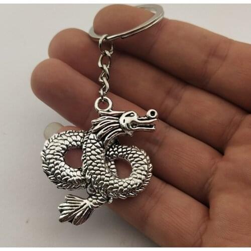 1Pcs Antique Silver 41x43mm Dragon Keychain New Fashion Handmade Metal Key Ring Party Gift