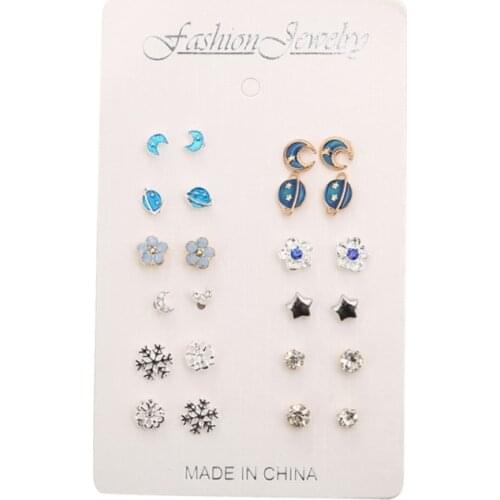 12 Pairs/Set Cute Multiple Piercing Stud Earrings Moon Star Planet Snowflake Rhinestone Jewelry Alloy Statement for Teen Girls W