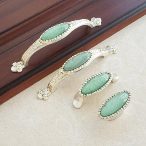 2.5" 3.75" 5" Antique Silver Door Pull Handles Green Ceramic Drawer Knobs Wardrobe Kitchen Cupboard Handle Furniture Hardware