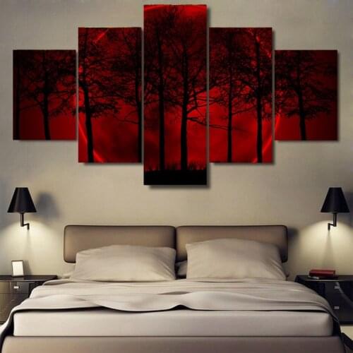 5Pcs Red Moon Night Forest Poster Oil Painting Wall Artwork Canvas HD Printed Home Decor For Living Room Modern Modular Pictures