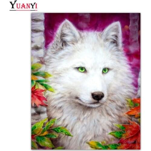 Full Round Diamond Embroidery Cross Stitch White Wolf 5D DIY Diamond Painting Animal Full Square Diamond Mosaic Home Decor