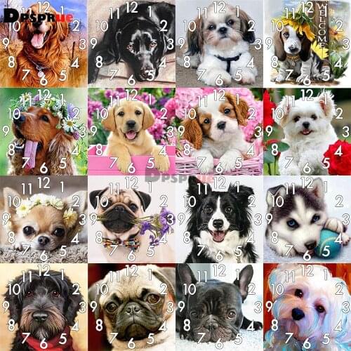 Dpsprue Full Diamond Painting Cross Stitch Animal Dog With Clock Mechanism Mosaic 5D Diy Square Round 3d Embroidery Gift