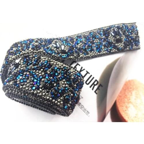 Blue crystal rhinestone tassels Wedding dress accessories Beaded Lace Trim fabric applique patches sew on trim for clothing