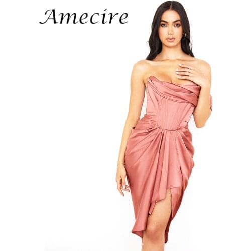 Amecire Satin Corset Dresses Irregular One Shoulder Zipper Rubber Ruched Midi Women-clothing Vintage Dress Party Exotic Dresses
