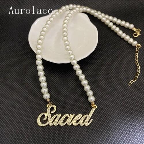 AurolaCo Customized Name Necklace Personalized Pearl Necklace Gold Pendant Nameplate Necklace For Women Jewelry Gift