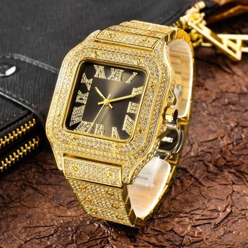 MISSFOX Luxury Mens Watches Stylish Simple Square Dial Quartz Timepiece Classic Steel Band Full Diamond Watch For For Men Gift